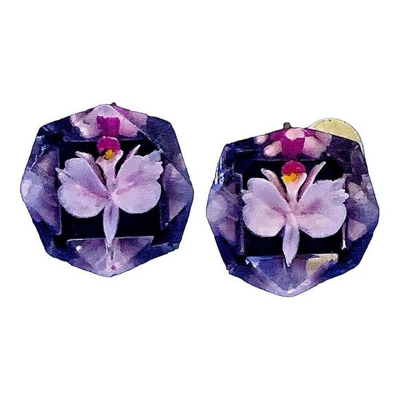 Mid century reverse carved lucite cymbidium orchid screw back earrings - Picture 1 of 6